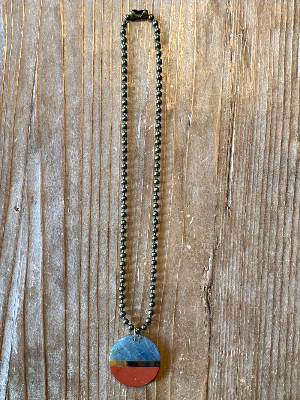 Gemstone Necklace Labradorite Tigers Eye Red Jasper Disc Bronze Ball Chain
